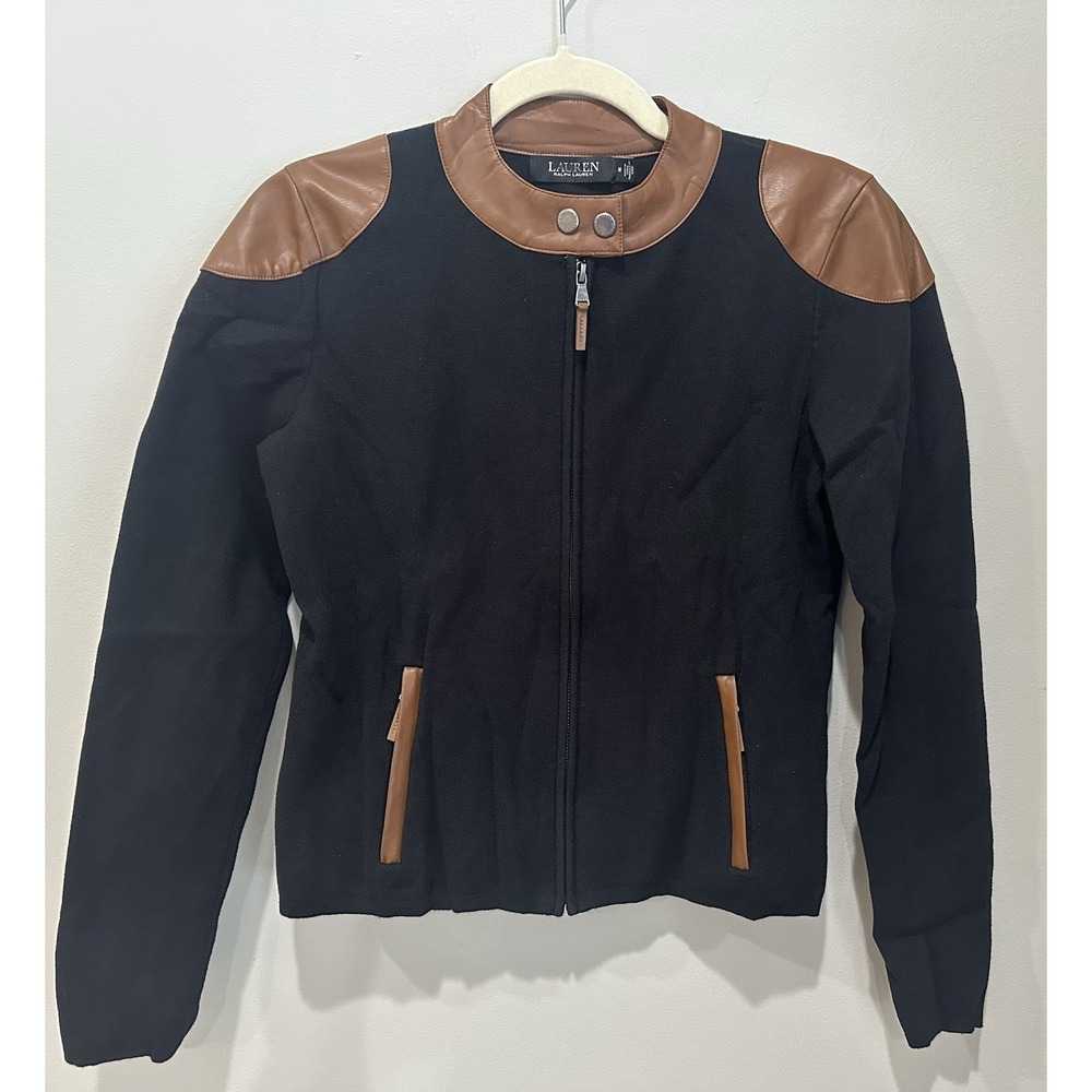 Lauren Ralph Lauren Black Knit Moto Jacket Faux Leather Trim Zip Front Women's M